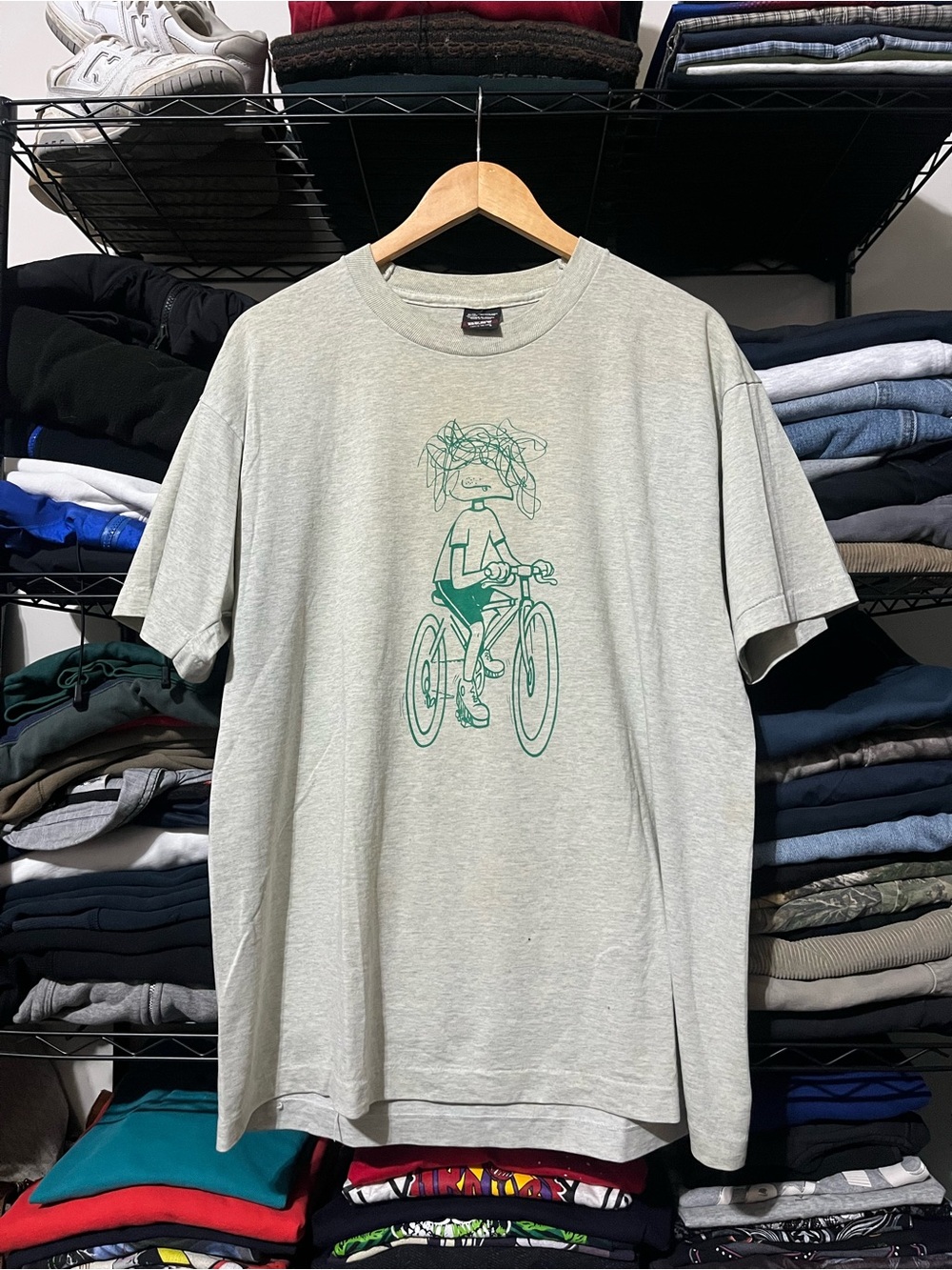 Vintage Fruit of the Loom Light Gray Tee with Green Bike Graphic